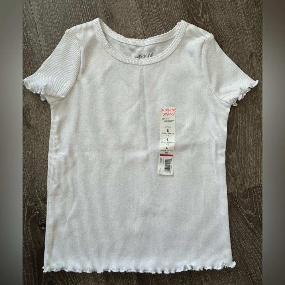 jumping beans White Ribbed Short Sleeve Tee with Lettuce Edge girl size 6